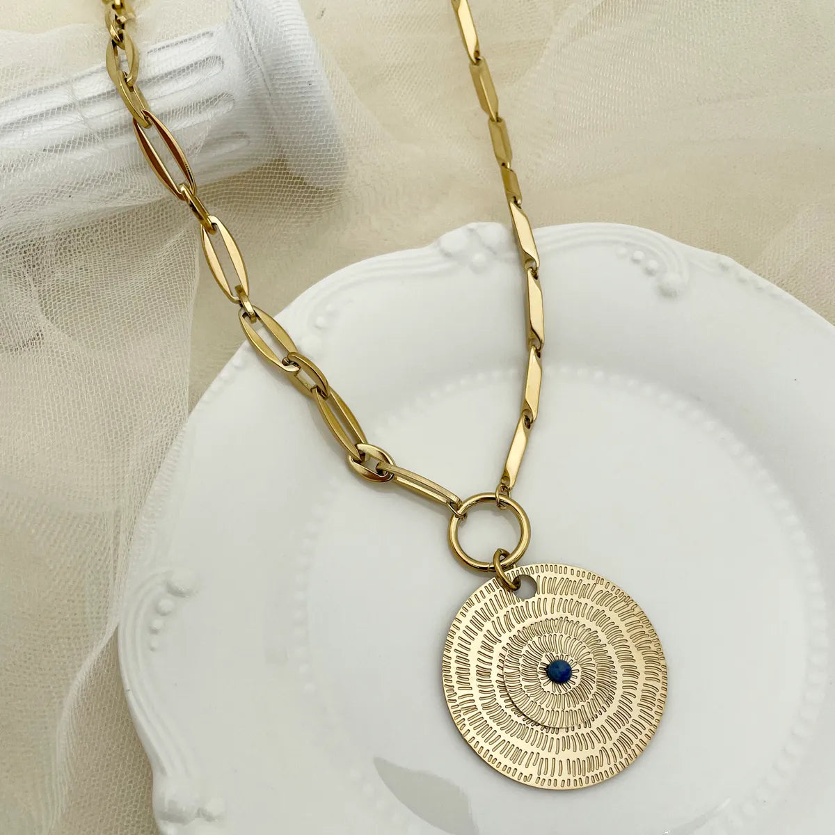 Wholesale Ins Style Round Stainless Steel 14k Gold Plated Natural Stone Pendant Necklace