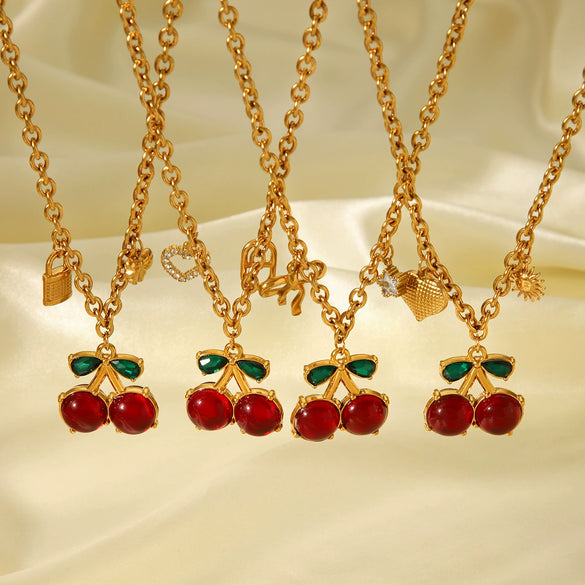Wholesale Ins Style Stainless Steel Cherry Shaped Fruit Pattern Vacuum Electroplated In Furnace Pendant Necklace For Women