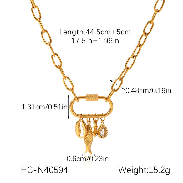 Wholesale Ins Style Stainless Steel Electroplated Jewelry Accessories With Coconut Tree Sun Fruit Geometric Lock Carabiner Cross Chain Pendant Necklace For Women
