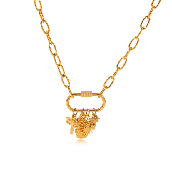 Wholesale Ins Style Stainless Steel Electroplated Jewelry Accessories With Coconut Tree Sun Fruit Geometric Lock Carabiner Cross Chain Pendant Necklace For Women