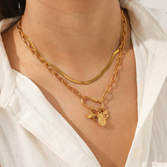 Wholesale Ins Style Stainless Steel Electroplated Jewelry Accessories With Coconut Tree Sun Fruit Geometric Lock Carabiner Cross Chain Pendant Necklace For Women