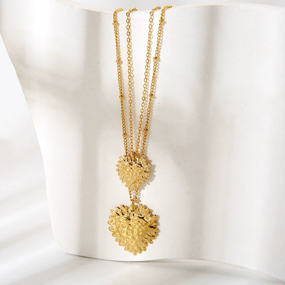 Wholesale Ins Style Stainless Steel Geometric Hammered Heart Pendant 14K Gold Plated Doublelayer Necklace For Women
