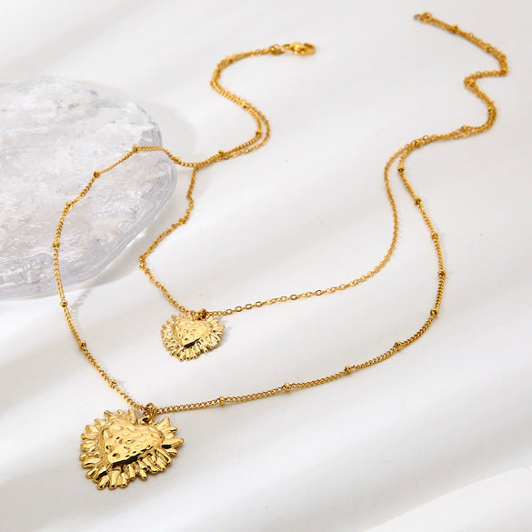 Wholesale Ins Style Stainless Steel Geometric Hammered Heart Pendant 14K Gold Plated Doublelayer Necklace For Women