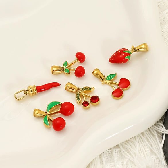Wholesale Ins Style Titanium Steel Fruit Pattern Dripping Oil Pendant Necklace For Women