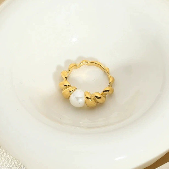 Wholesale Insstyle Geometric Stainless Steel Ring Inlaid With Pearls 18K Goldplated For Women