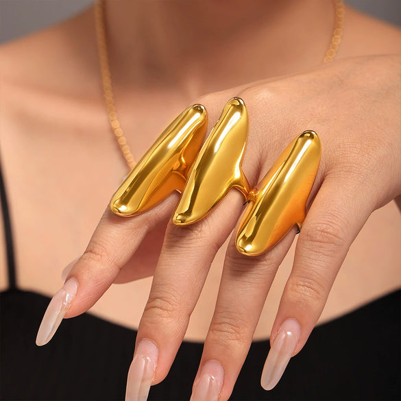 Wholesale Irregular Long Texture Fine Polished Opening Stainless Steel Ring With Geometric Pattern And Electroplating For Women