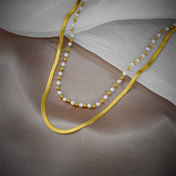 Wholesale Irregular Metal Beaded Titanium Steel Flat Snake Chain Double Layer Necklace With Geometric Pattern And Electroplating
