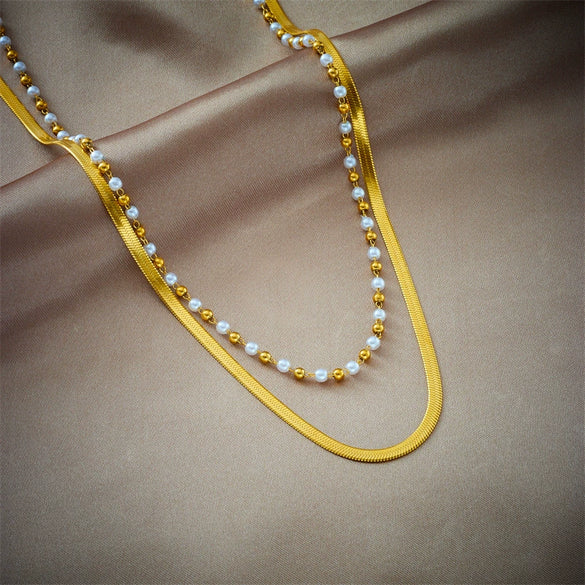 Wholesale Irregular Metal Beaded Titanium Steel Flat Snake Chain Double Layer Necklace With Geometric Pattern And Electroplating
