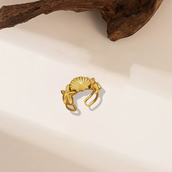 Wholesale Irregular Ocean Ring With Scallop Opening Adjustable Made Of Titanium Steel In Casual And Minimalist Style 18K Gold Plated By Vacuum Electroplating For Women