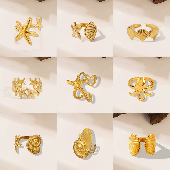 Wholesale Irregular Ocean Ring With Scallop Opening Adjustable Made Of Titanium Steel In Casual And Minimalist Style 18K Gold Plated By Vacuum Electroplating For Women