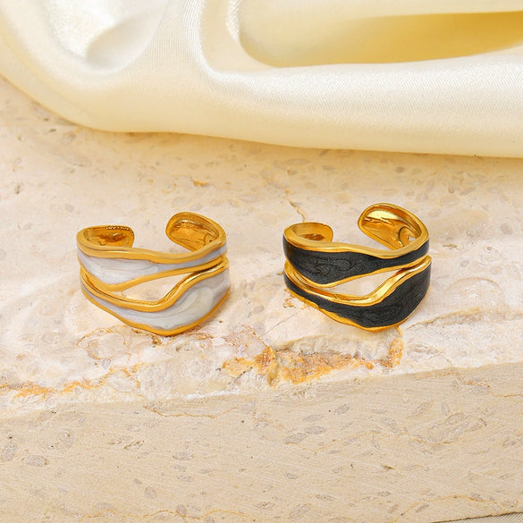 Wholesale Irregular Oil Dripping Stainless Steel Ring With Geometric Design French Retro Style 18K Gold Plated Opening Adjustable For Women