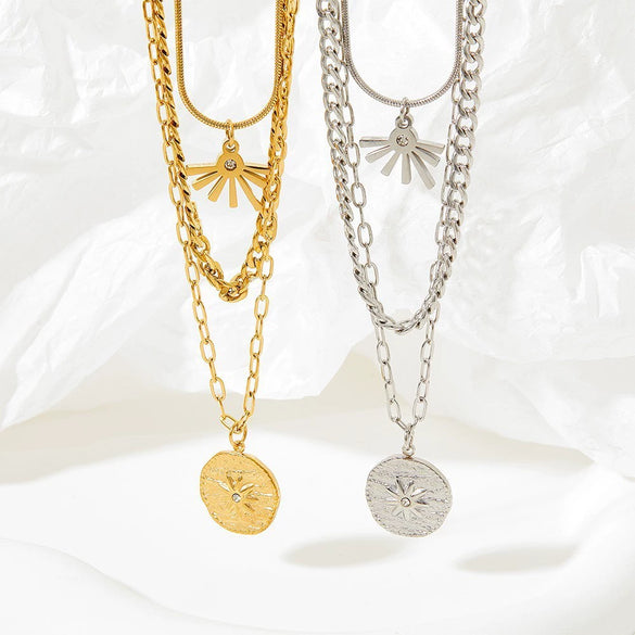 Wholesale Irregular Sun Threelayer Round Pendant Necklace In Stainless Steel With Overlapping Design And Electroplating Treatment Bamboo And O Chain For Women