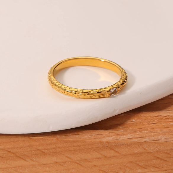Wholesale Irregular Texture Inlaid Zircon Titanium Steel Ring With 18K Gold Electroplated For Women Geometric Style