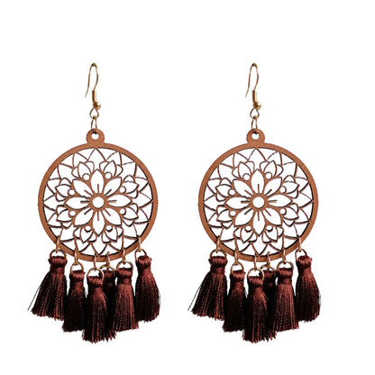 Wholesale Jewelry 1 Pair Bohemian Tassel Flower Wood Drop Earrings