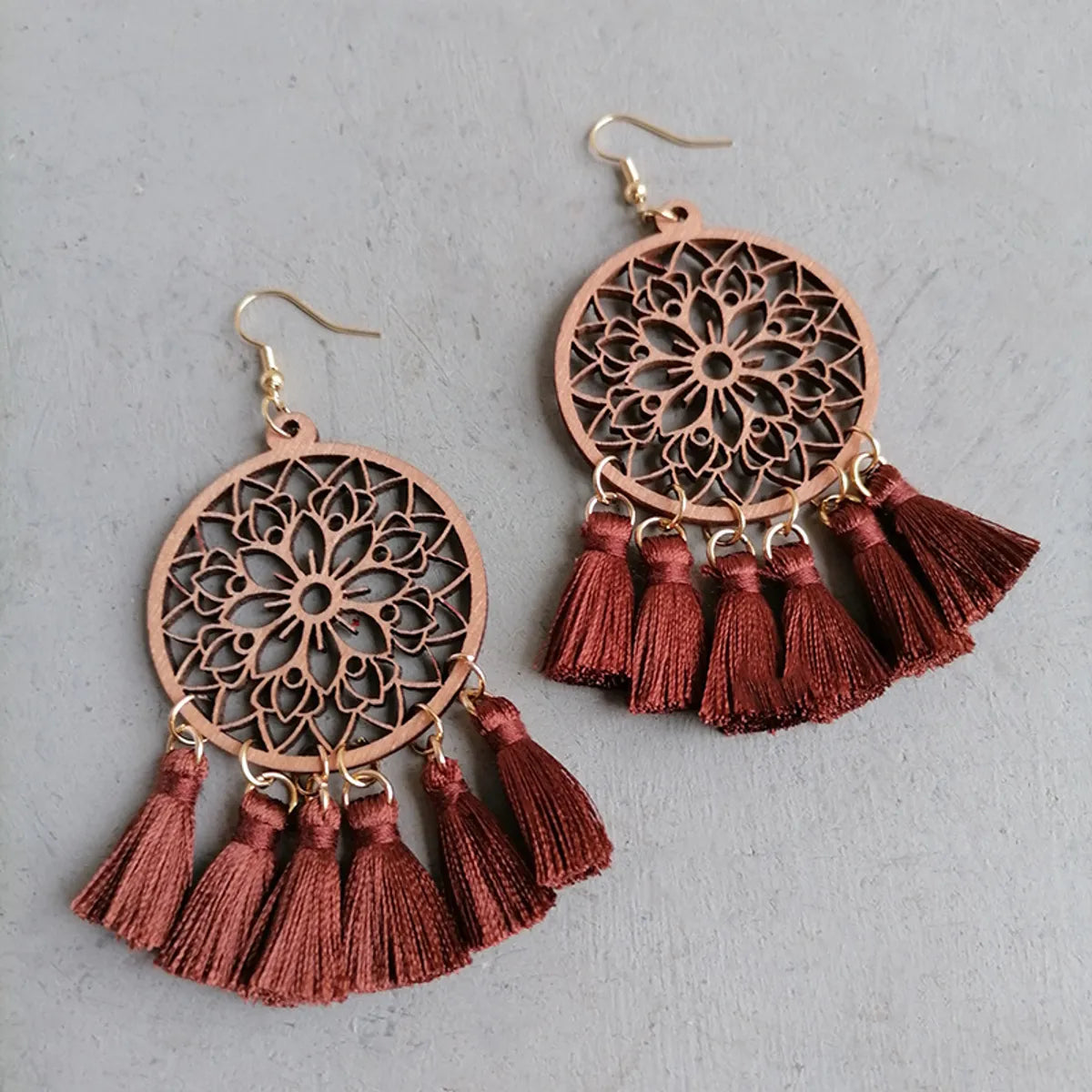 Wholesale Jewelry 1 Pair Bohemian Tassel Flower Wood Drop Earrings