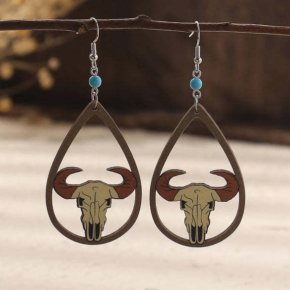 Wholesale Jewelry 1 Pair Cowboy Style Water Droplets Cattle Wood Drop Earrings