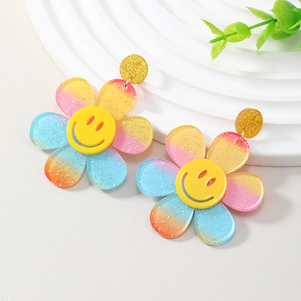 Wholesale Jewelry 1 Pair Cute Novelty Shiny Smile Face Flower Arylic Earrings