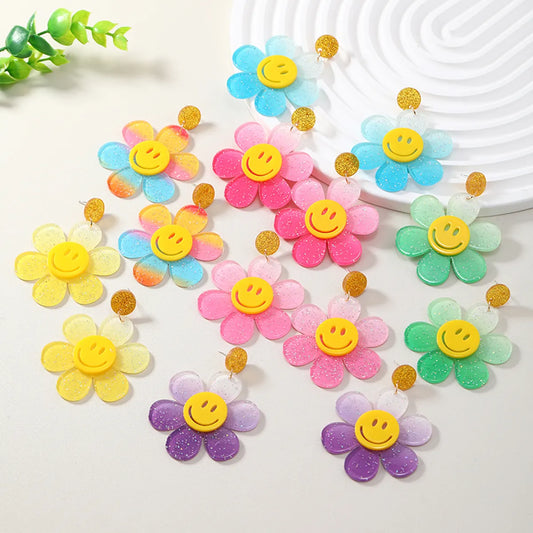 Wholesale Jewelry 1 Pair Cute Novelty Shiny Smile Face Flower Arylic Earrings