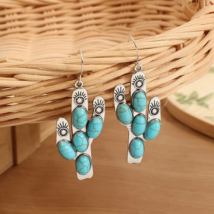 1 Pair Ethnic Style Cactus Inlay Alloy Turquoise Drop Earrings