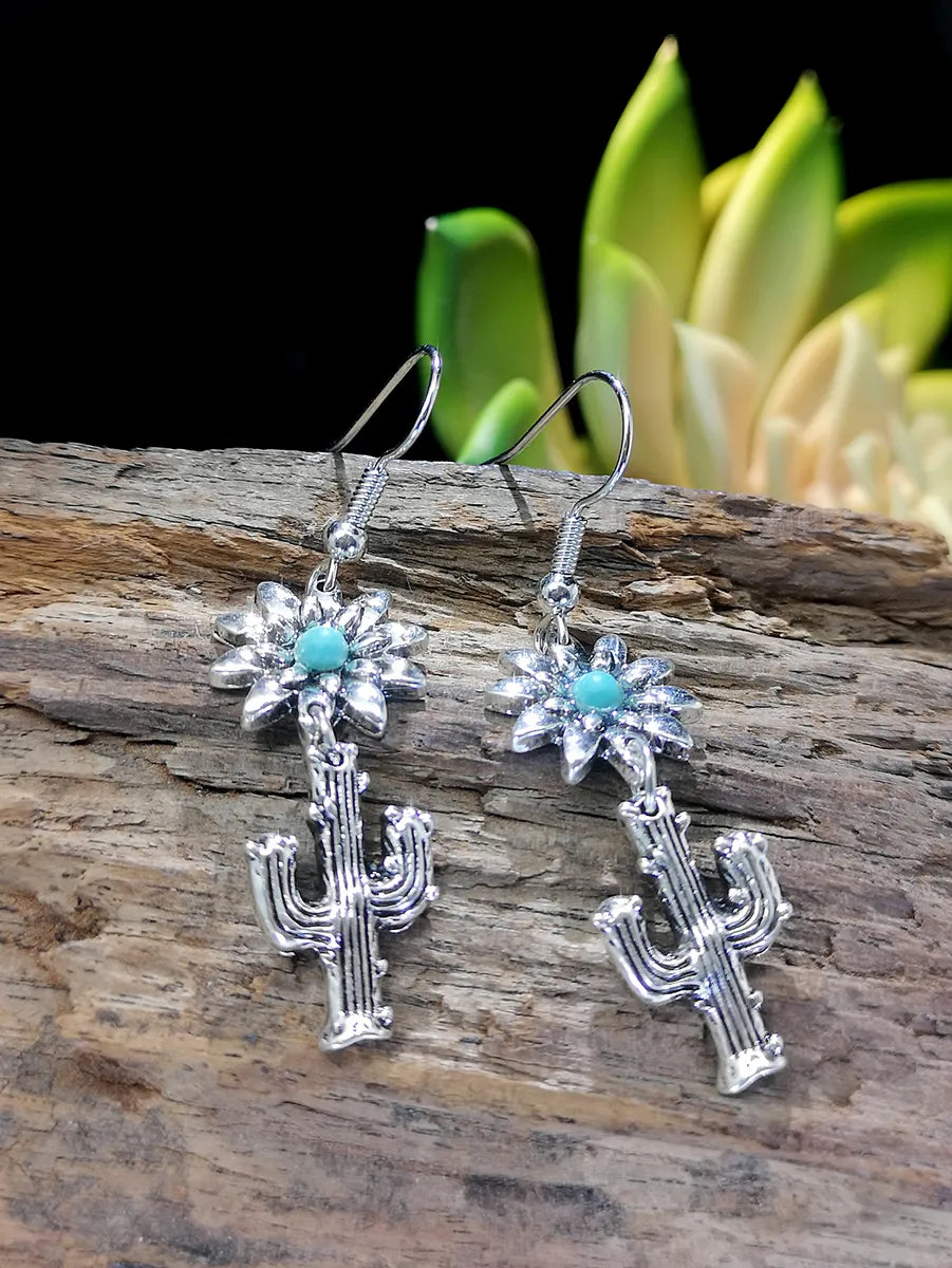 Wholesale Jewelry 1 Pair Ethnic Style Cactus Flower Metal Turquoise Silver Plated Drop Earrings