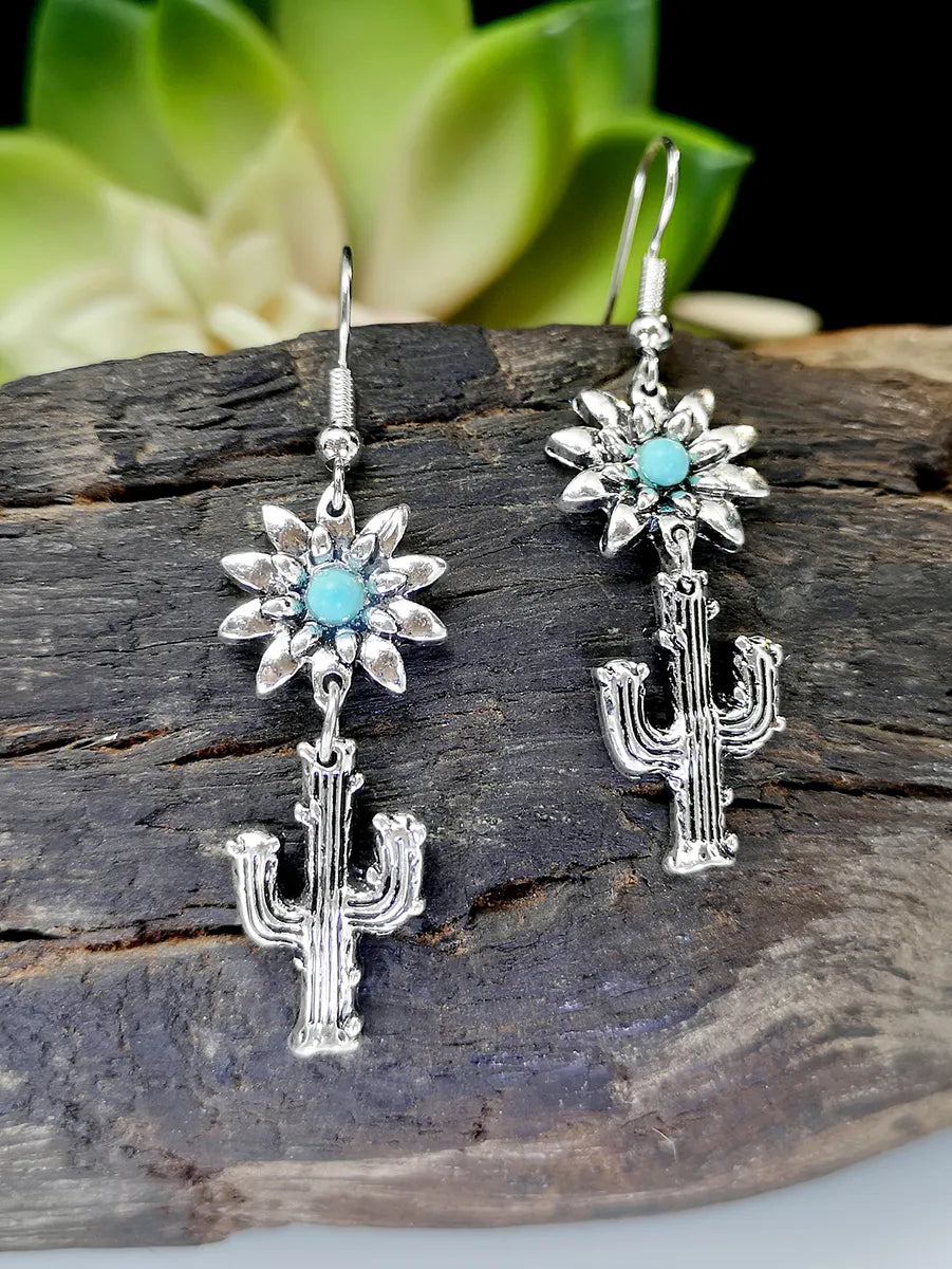 Wholesale Jewelry 1 Pair Ethnic Style Cactus Flower Metal Turquoise Silver Plated Drop Earrings