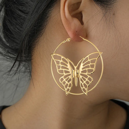 1 Pair Exaggerated Butterfly Hollow Out Metal Hoop Earrings