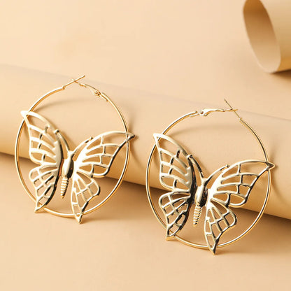 1 Pair Exaggerated Butterfly Hollow Out Metal Hoop Earrings