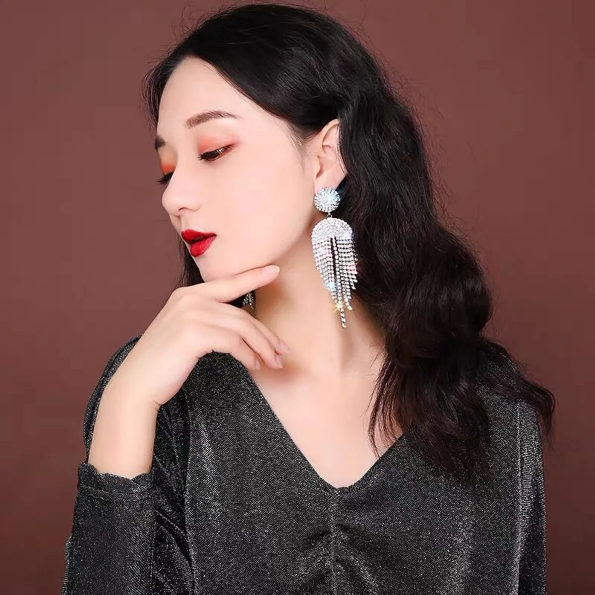 Wholesale Jewelry 1 Pair Luxurious Tassel Rhinestone Chandelier Earrings