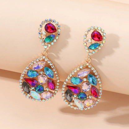 Wholesale Jewelry 1 Pair Luxurious Water Droplets Alloy Artificial Rhinestones Glass Drop Earrings