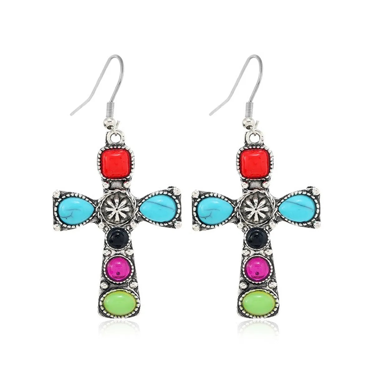 1 Pair Retro Ethnic Style Cross Inlay Alloy Artificial Gemstones Drop Earrings