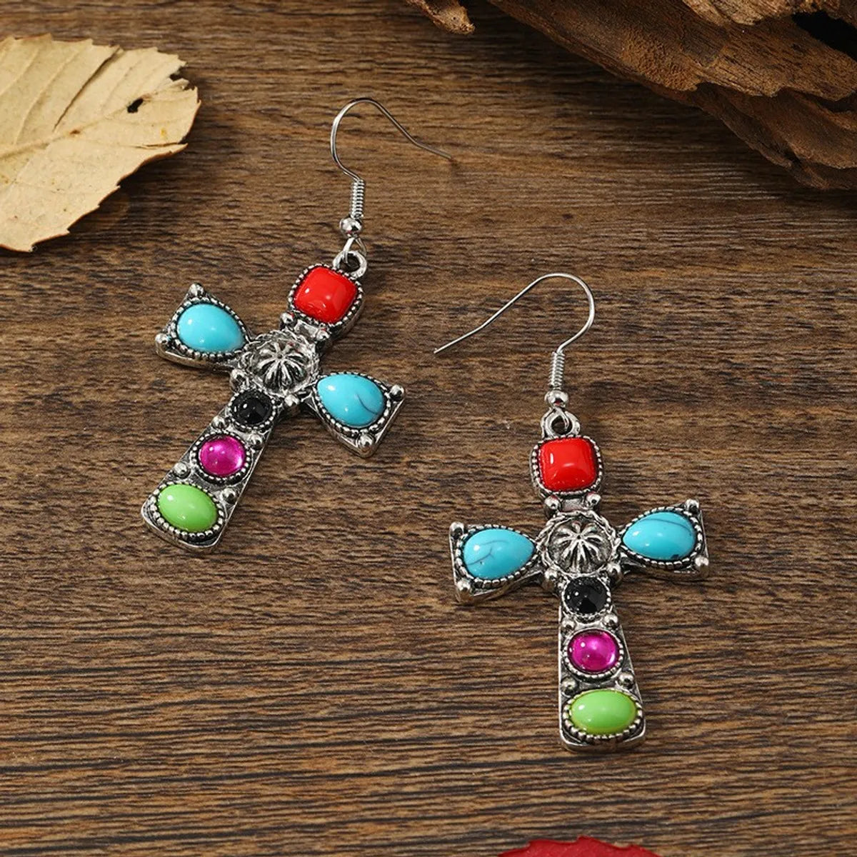 1 Pair Retro Ethnic Style Cross Inlay Alloy Artificial Gemstones Drop Earrings