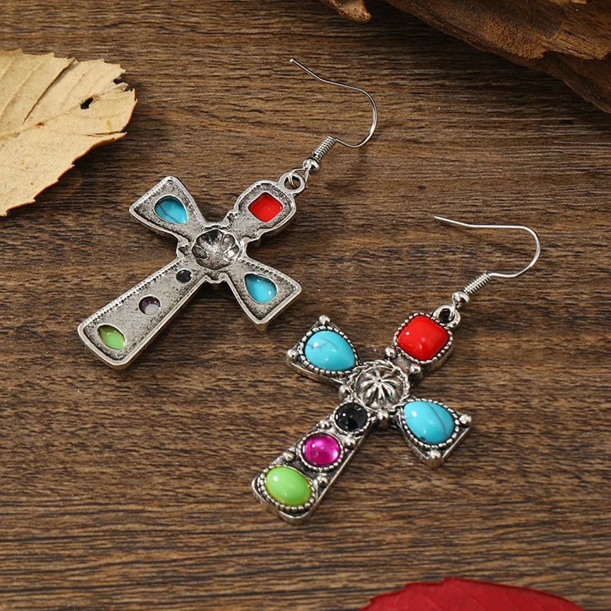 1 Pair Retro Ethnic Style Cross Inlay Alloy Artificial Gemstones Drop Earrings