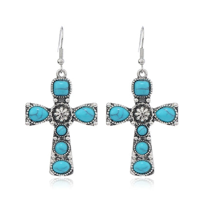 1 Pair Retro Ethnic Style Cross Inlay Alloy Artificial Gemstones Drop Earrings