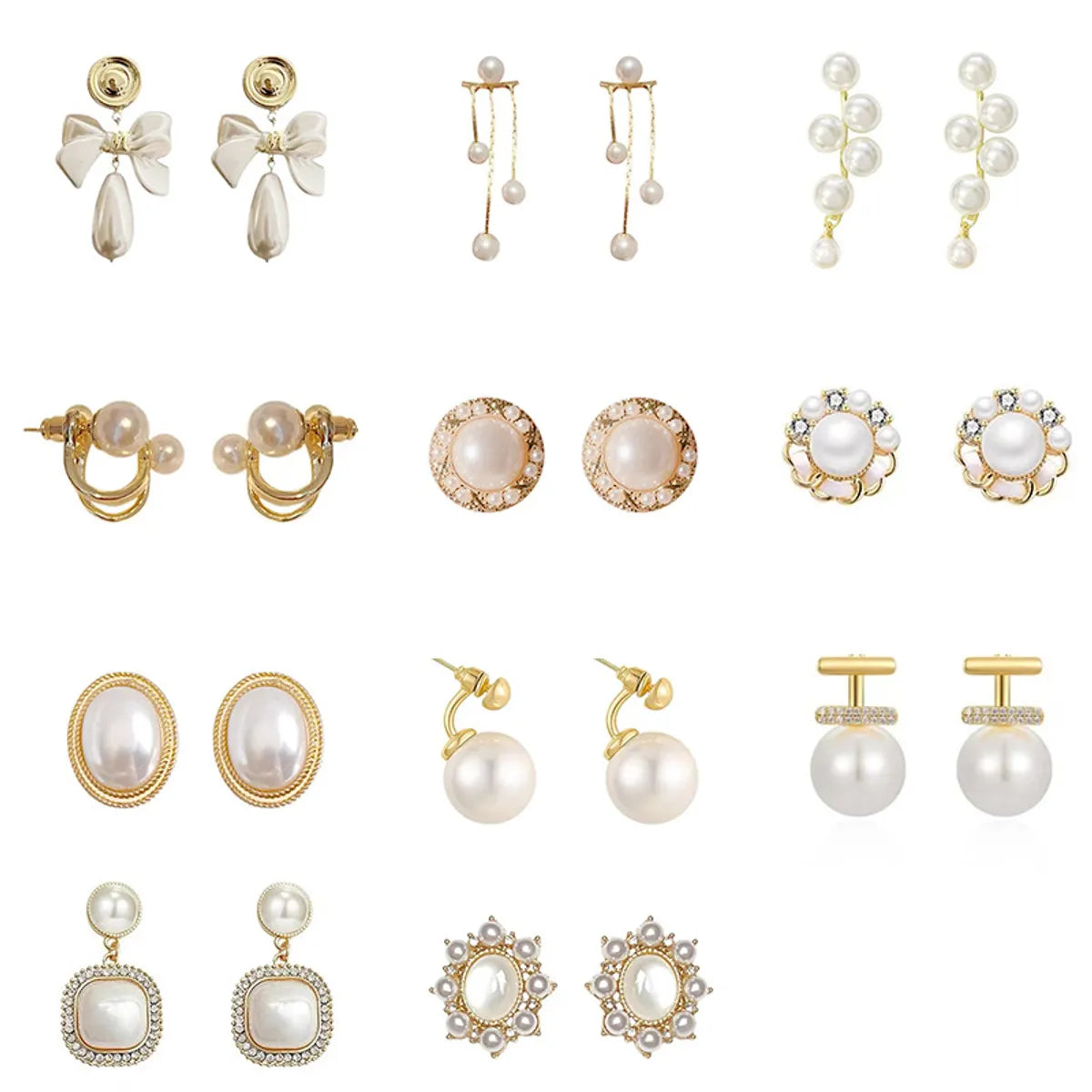 Wholesale Jewelry 1 Pair Retro Square Oval Bow Knot Imitation Pearl Alloy Rhinestones Earrings