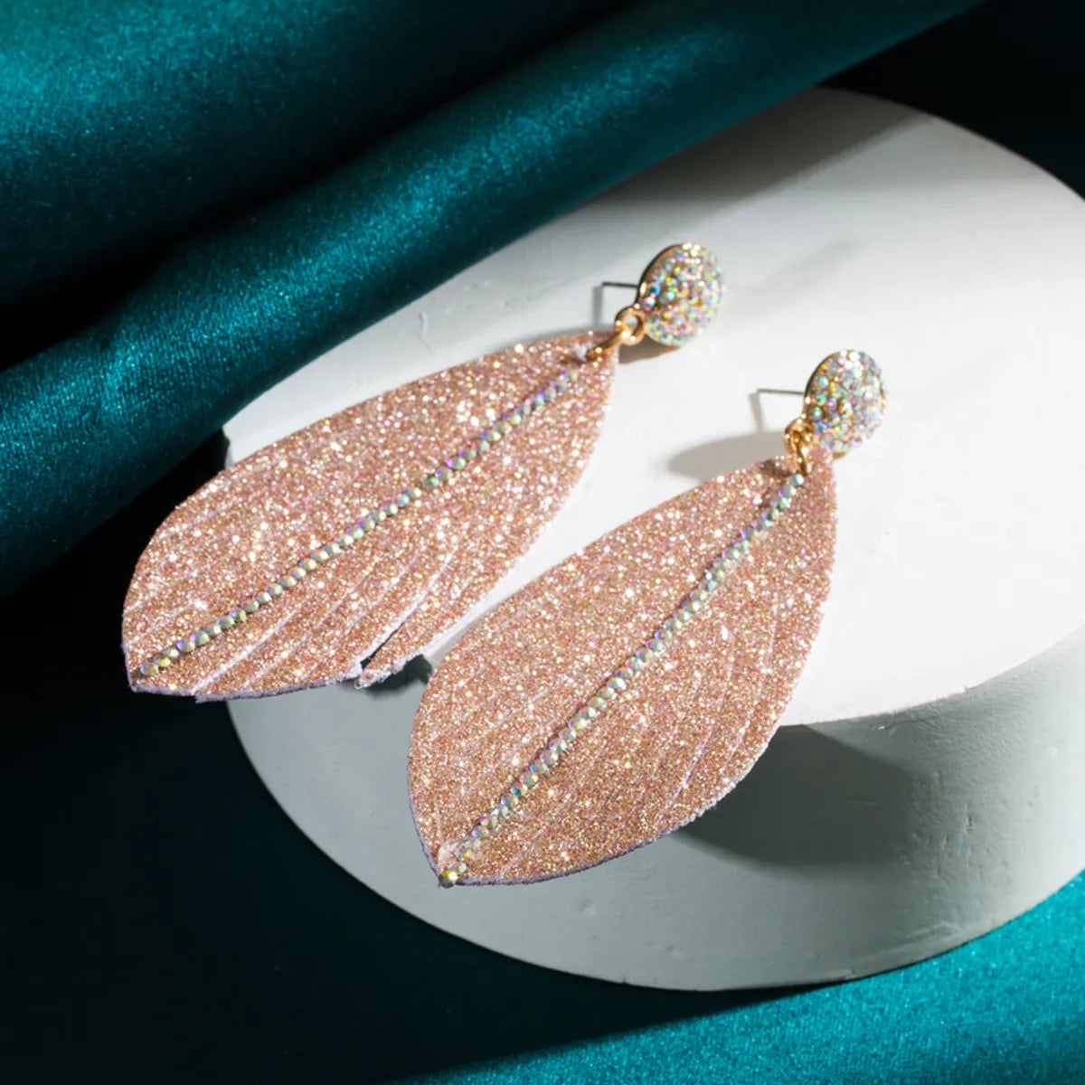 1 Pair Shiny Leaves Sequins Plating Inlay Pu Leather Alloy Rhinestones Gold Plated Drop Earrings