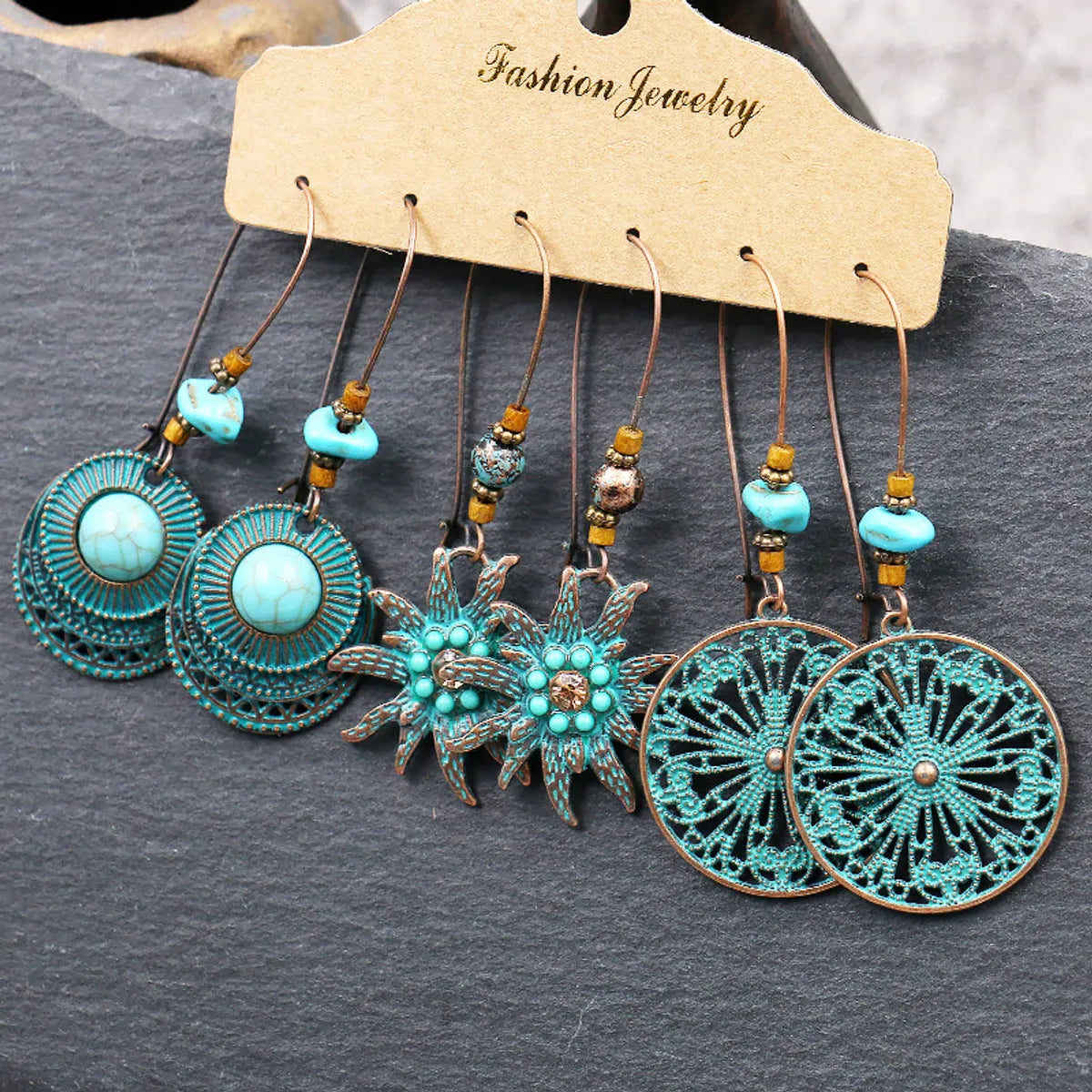 Wholesale Jewelry 1 Set Bohemian Round Water Droplets Flower Alloy Earrings