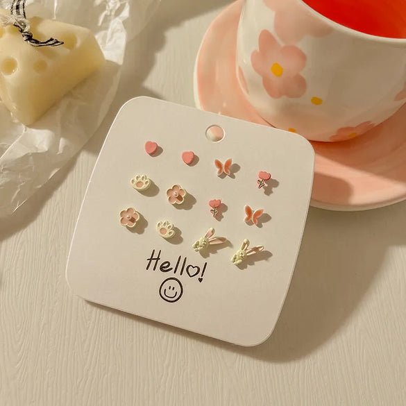 1 Set Cute Heart Shape Flower Butterfly Inlay Alloy Artificial Pearls Rhinestones Ear Studs