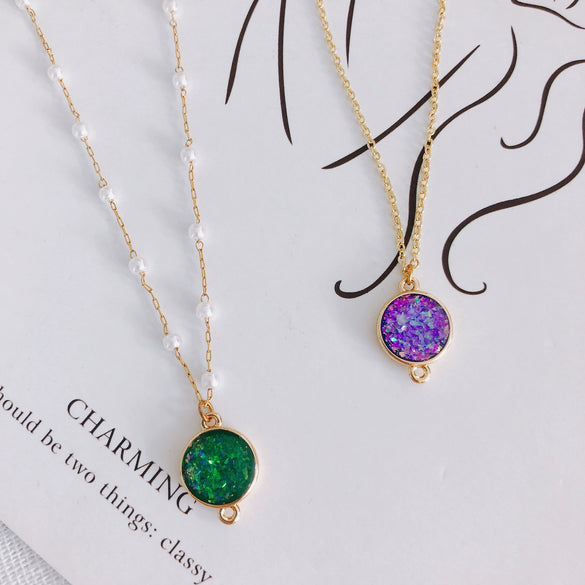 Wholesale Jewelry Accessories Copper Resin Geometric Round Gold Foil Inlay Double Hanging Pendant Necklace Material