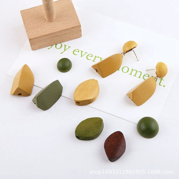 Wholesale Jewelry Accessories Solid Wood Polygon Geometric Perforated Half Pill Earrings Baking Varnish Minimalist