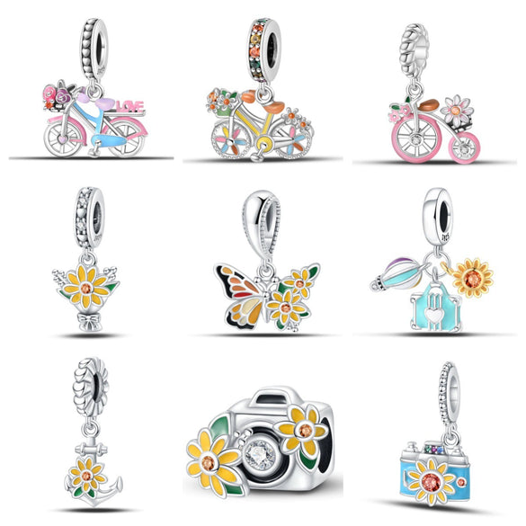 Wholesale Jewelry Accessories 925 Sterling Silver Charm Beads With Dripping Oil Treatment Flower Bicycle Camera Pendant Original Design