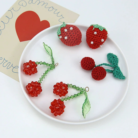 Wholesale Jewelry Accessories Wool Woven Fruit Cherry And Strawberry Pendant And Earrings Material