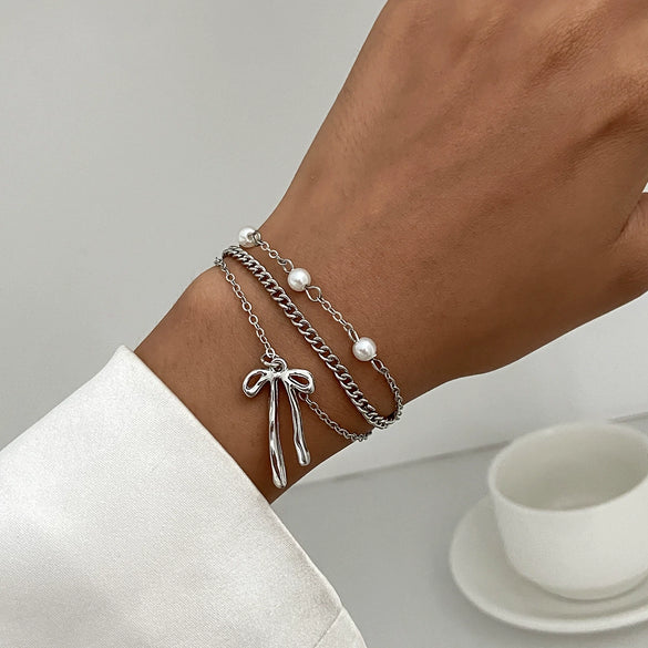 Wholesale Jewelry Alloy Beaded Stacked Bow And Star Pendant Bracelet For Women With Electroplating