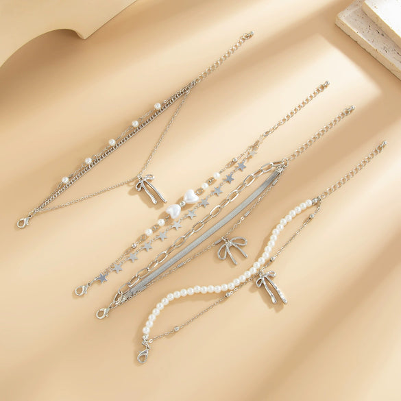 Wholesale Jewelry Alloy Beaded Stacked Bow And Star Pendant Bracelet For Women With Electroplating