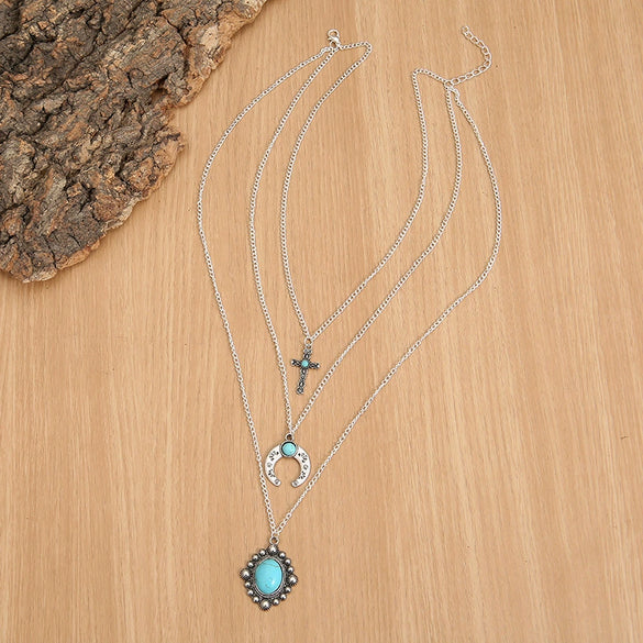 Wholesale Jewelry Alloy Bull Head Crescent Water Drop Turquoise Horn Multi Layer Necklace Geometric Style Electroplated