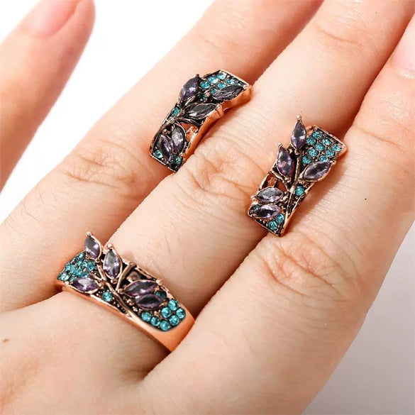 Wholesale Jewelry Alloy Green Leaf Shape Inlaid Purple Crystal Zircon Electroplating Unisex