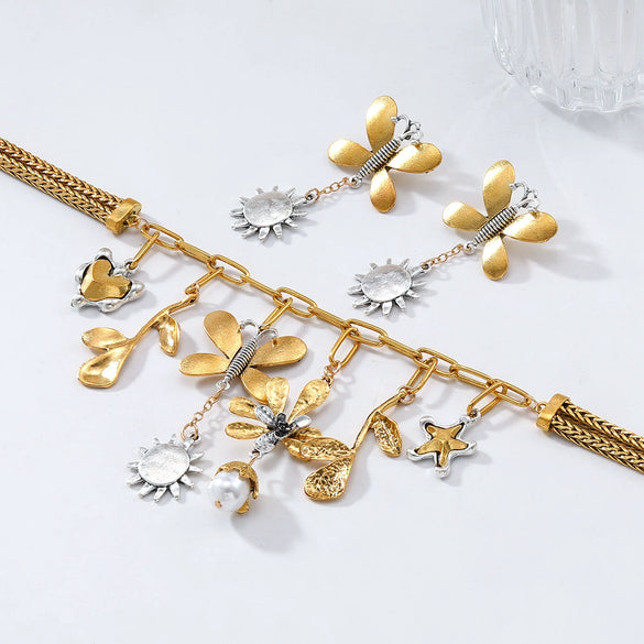 Wholesale Jewelry Alloy Inlaid With Gemstones Flowers Style Earrings And Necklace Set