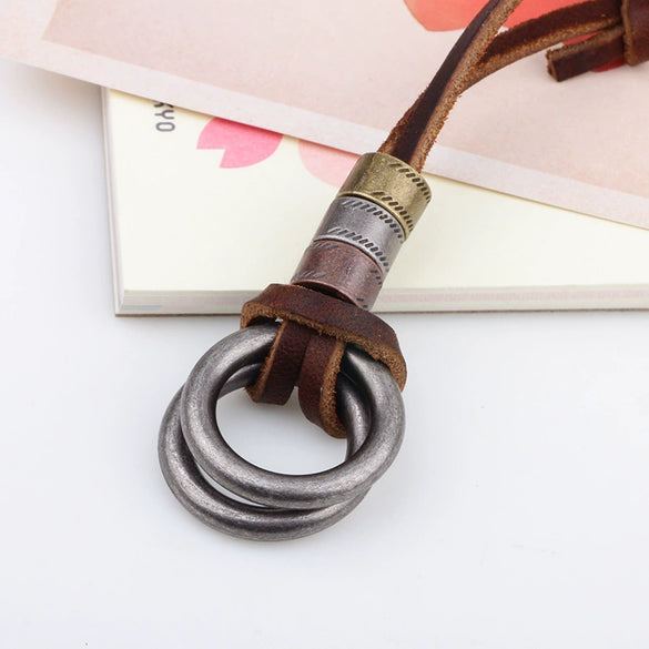 Wholesale Jewelry Alloy Leather Rope Cowhide Geometric Electroplating Ring Pendant Necklace For Men