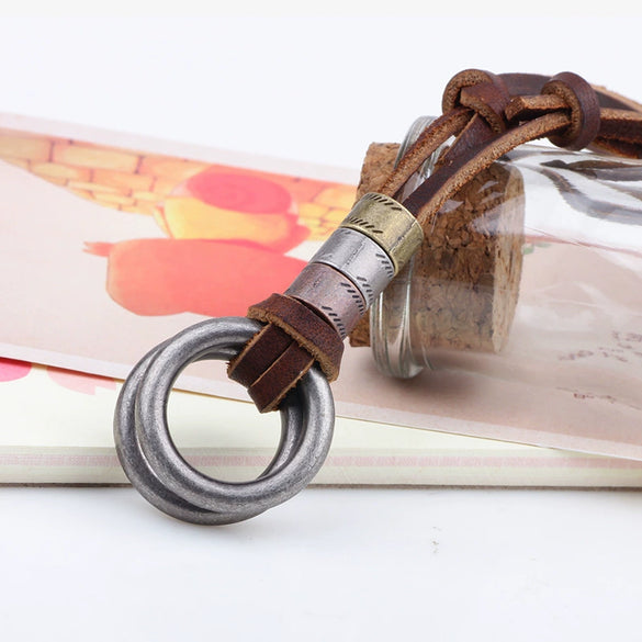 Wholesale Jewelry Alloy Leather Rope Cowhide Geometric Electroplating Ring Pendant Necklace For Men