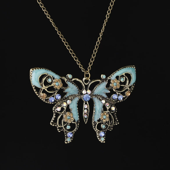 Wholesale Jewelry Alloy Retro Hollow Geometric Oil Drop Butterfly Women's Necklace With Diamond Inlay