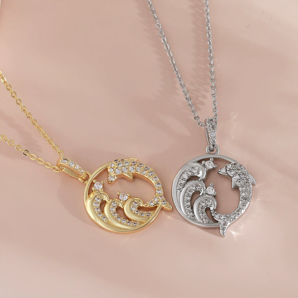 Wholesale Jewelry Animal Dolphin Wave Copper Electroplated Necklace For Women